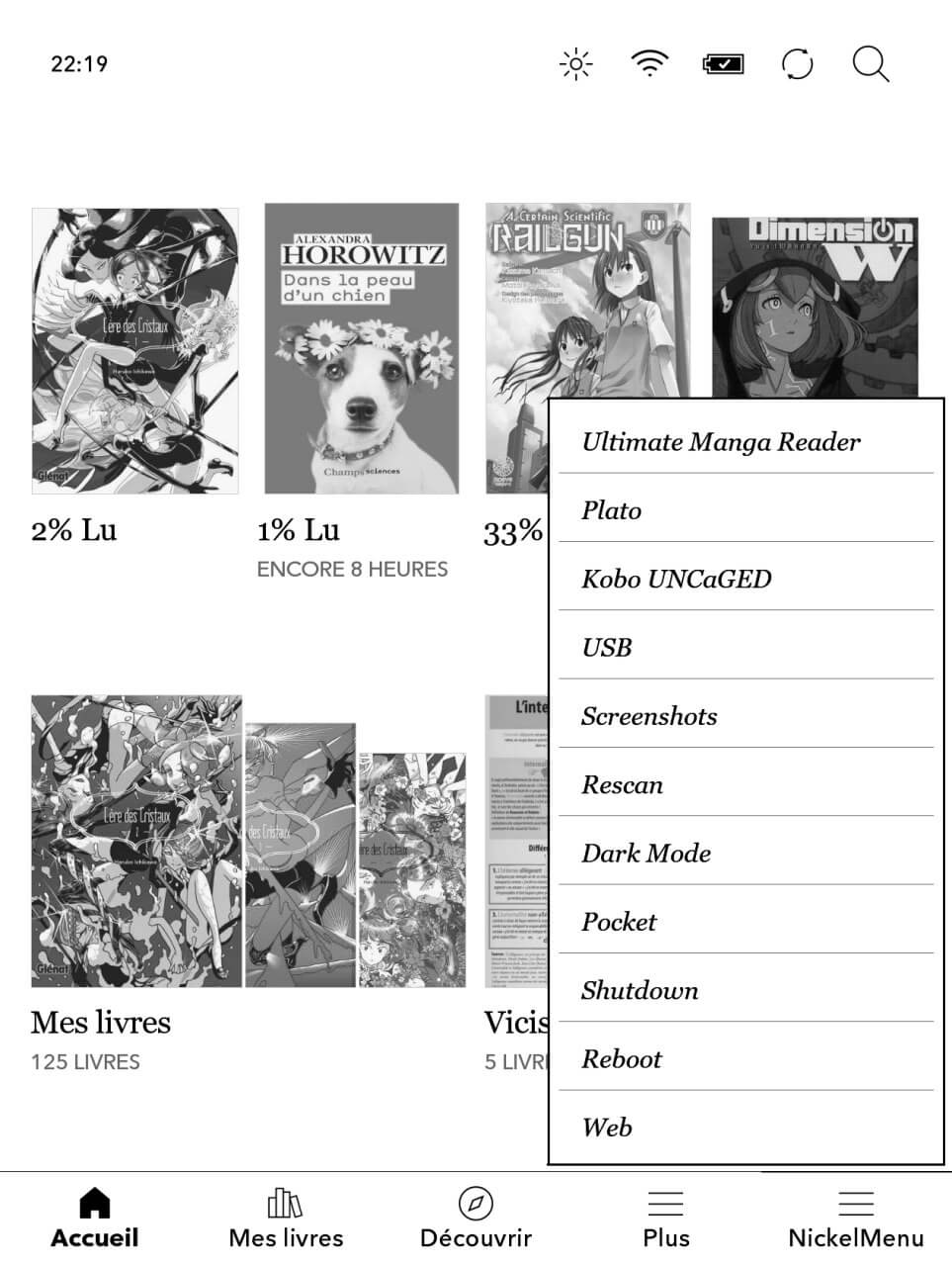NickelMenu affiché sur l'écran de ma liseuse (98 ko)